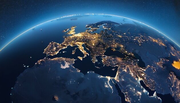 global map view at night illuminated city lights highlight europe middle east and africa creating dramatic and captivating atmosphere