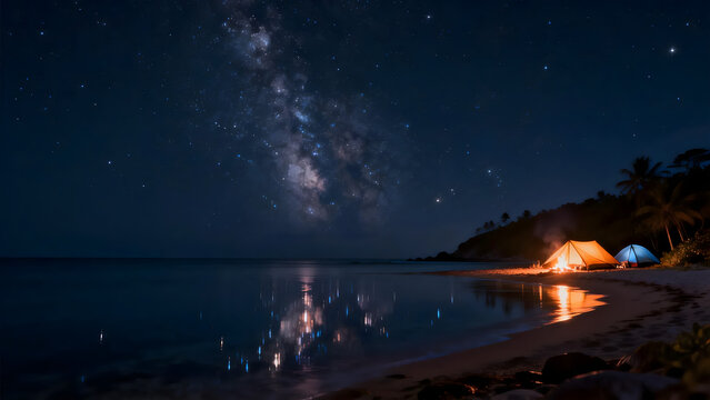 Camping tents under Milky Way galaxy on tropical beach at night