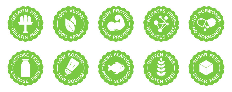 Food restriction badge collection in green. Set of vegan, gluten free, lactose free, sugar free, protein and healthy food labels