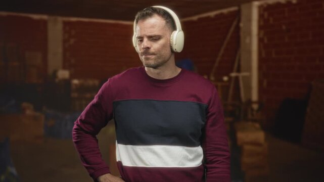 Man wearing headphones points finger near stacked crates and a ladder in a brick building; contemplation music listening.