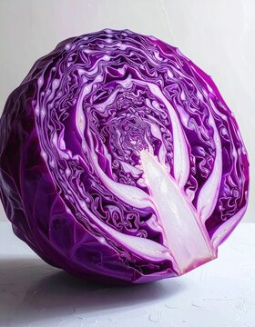 Fresh halved head of red cabbage showing intricate purple leaves and dense white core texture in natural kitchen lighting
