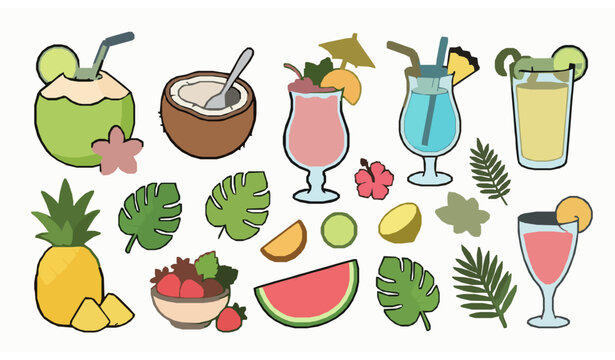 Cute tropical fruit and coconut cocktail vector collection with watermelon pineapple and summer drinks isolated on white