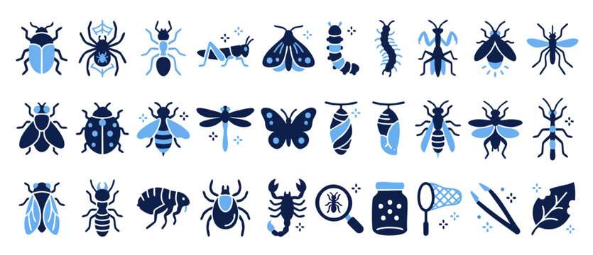 Insects and Bugs Icon Set - Flat Vector Collection of Beetle Butterfly Spider Bee Dragonfly Ant Scorpion and Entomological Research Equipment for Wildlife Biology and Nature Education Graphics Design