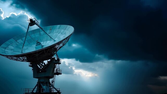 A satellite dish against a dramatic lightning storm, a powerful concept of communication technology and a scientific research background.