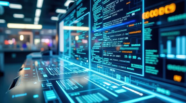 Futuristic programming workstation with glowing blue code and cyber neon lighting