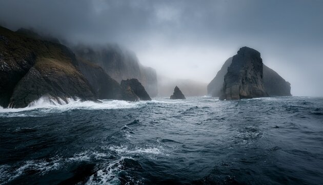 misty ocean waves crash against large rocky islands shrouded in fog the dark sea and rugged cliffs create a dramatic moody seascape perfect for adventure or travel themes