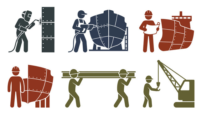Vector icon set illustrating shipbuilding and heavy industry processes featuring workers engaged in welding construction and material handling ideal for engineering and manufacturing concepts