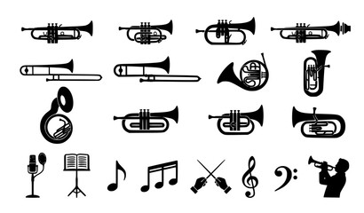 Editable trumpet and brass instrument silhouette icon collection with trombone and music band vector symbols © MstLaily
