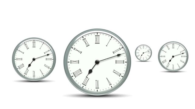 Four Analog Clocks with Roman Numerals Spinning on White Background