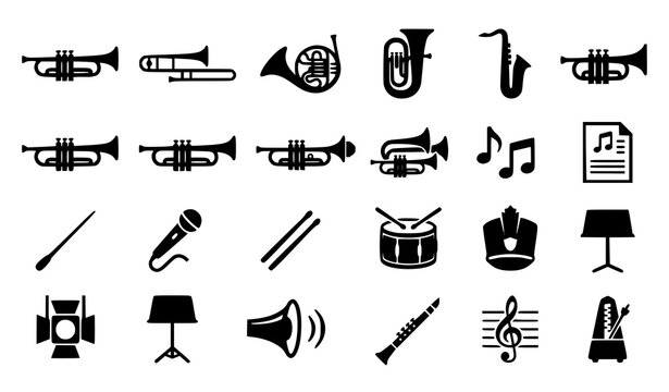 Trumpet silhouette vector icon set with brass instruments trombone and music band equipment symbols