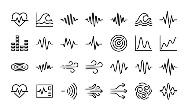 Abstract wave data chart icon set with heartbeat ocean storm vibration and signal line vector symbols