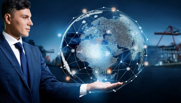 businessman hold global supply chain management responsibilities with network connected to manufacturers and distributors technology enhances efficiency and resilience across the supply chain