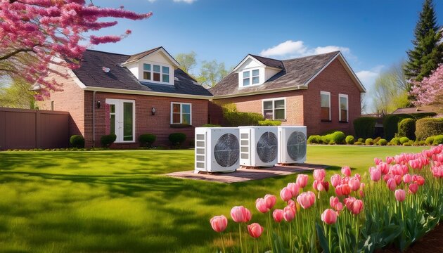 two outdoor ac units sit on rich green lawn beside brick house pink tulips bloom near hvac equipment sunny day offers comfort and curb appeal
