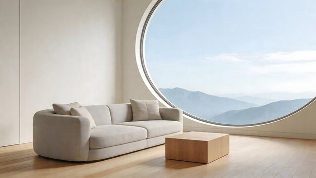 Modern living room with mountain view