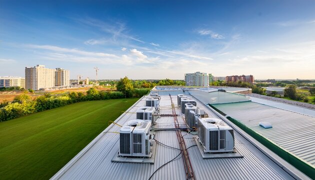 modern office building rooftop with multiple large hvac units air conditioning systems on flat roof surrounded by green lawn and construction site