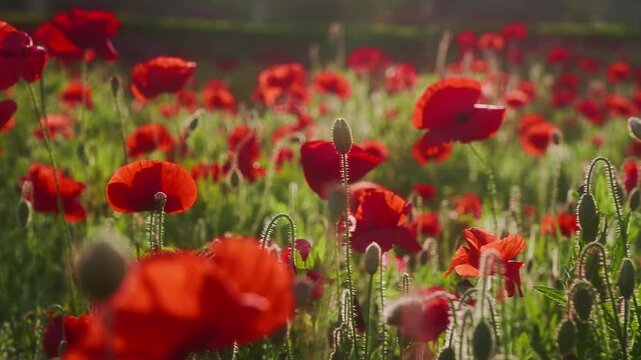 Red poppies and buds in sunlit meadow