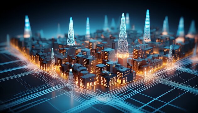 miniature city grid with glowing power lines and towers small buildings connect to illuminated energy infrastructure electric power distribution network model