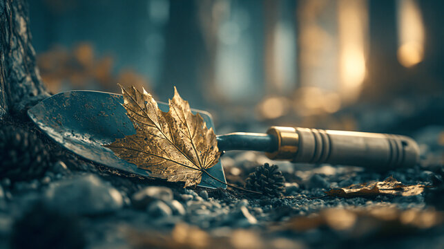 Small garden trowel tool lying on ground with golden autumn maple leaf in sunset light