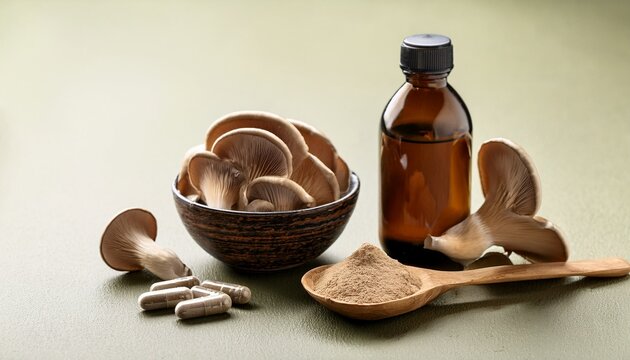 oyster mushroom is prepared for dietary supplement powder and capsules with herbal extract in bowl and spoon amber glass bottle holds liquid extract