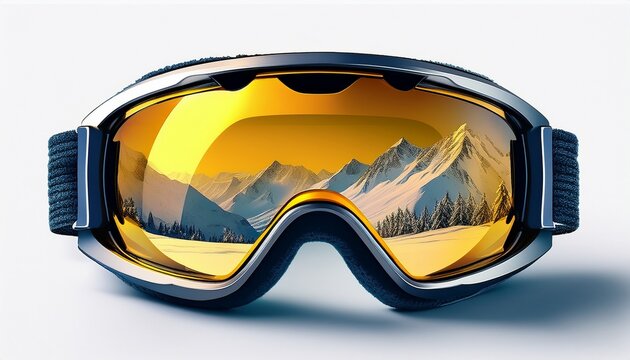 ski goggles with yellow lens reflecting mountain landscape on white background