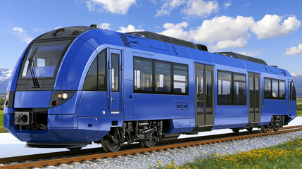 Obraz premium Modern blue passenger train on railway tracks passing through a scenic mountain landscape