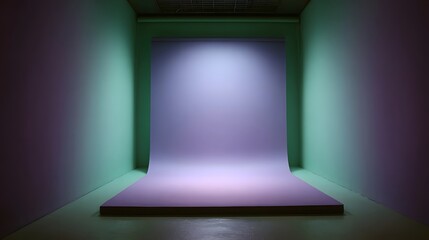 Obraz premium A sophisticated minimalist studio space featuring a central illuminated backdrop framed by soft purple and green gradients