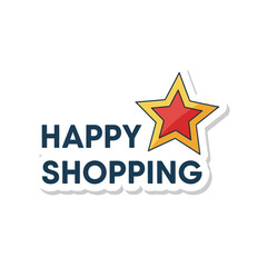 Fototapeta premium Bright 'Happy Shopping' sticker design with a bold star, ideal for e-commerce promotions, retail sales, and online deals, fostering a joyful customer experience
