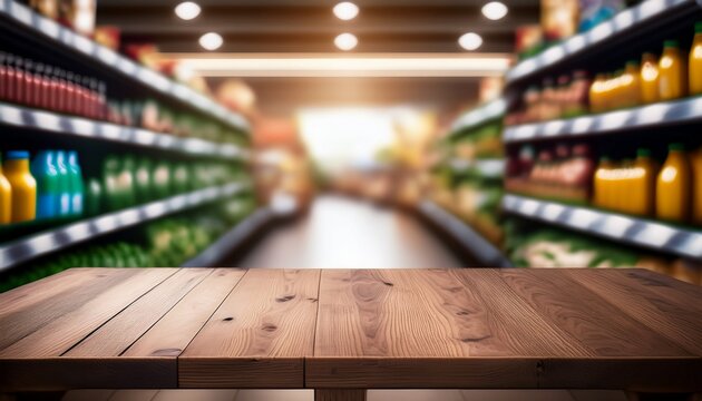 empty rustic wooden table foreground blurred supermarket aisle with shelves stocked with goods interior retail shop scene space for product placement or advertorial use