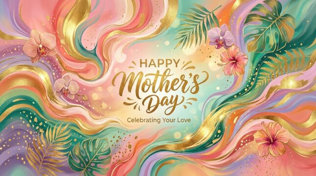 A vibrant and celebratory image proclaiming "Happy Mother&rsquo;s Day!" It features a colorful, abstract background with swirling patterns in shades of pink, orange, purple, and green.