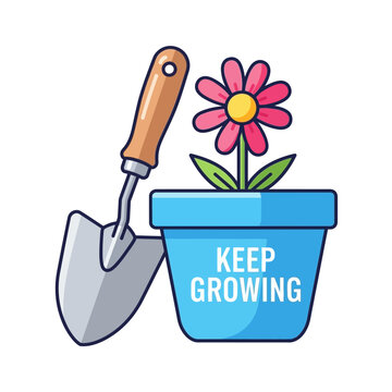 Vibrant graphic icon of a flower in a pot and garden trowel, symbolizing continuous growth, nurturing potential, and self-development with 'KEEP GROWING' text