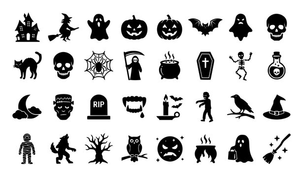 Halloween silhouette vector set with spooky retro icons pumpkins ghosts witches and black cat symbols