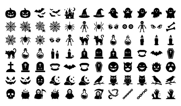 Editable Halloween black silhouette icons collection with haunted spooky retro character elements