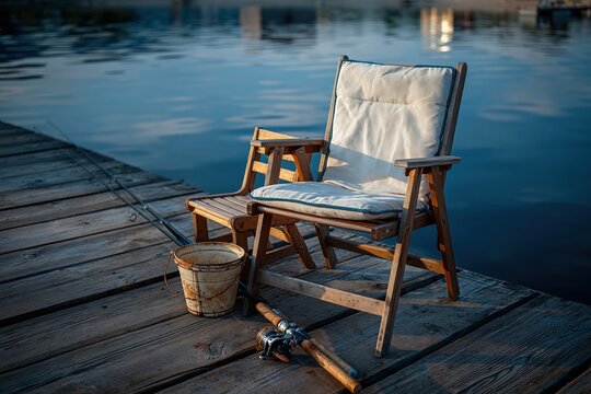 Fishing gear and chairs on weathered dock by reflective lake