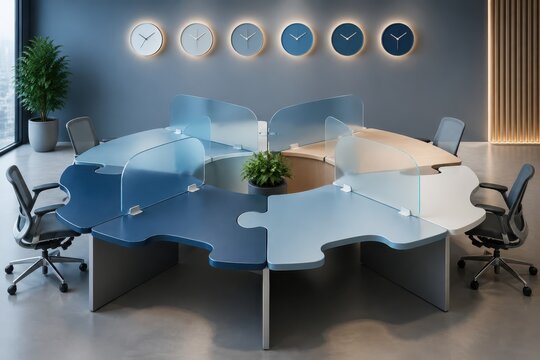 Modern blue modular office conference table with transparent dividers and minimalist boardroom chairs