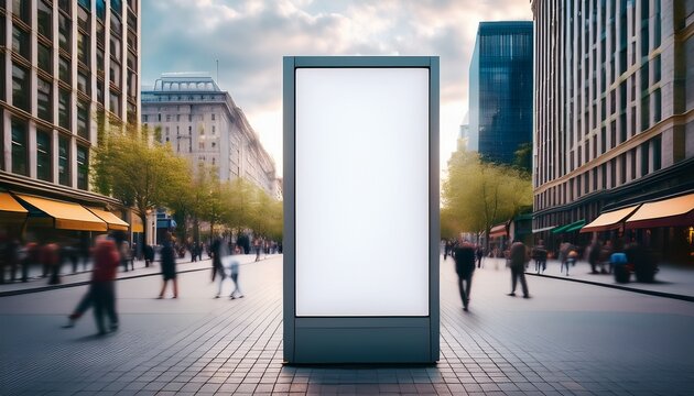 blank outdoor advertising column on city street sidewalk empty space for marketing message promotions or public announcements urban background with buildings and blurred pedestrians on cloudy day