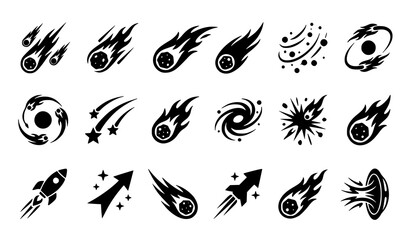 Falling comet and meteor silhouette icon set with burning space trails for astronomy apps and websites © MstLaily