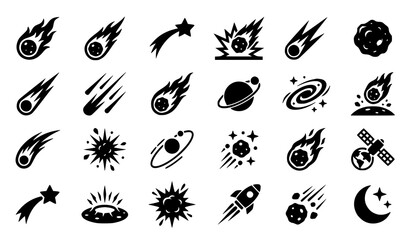 Comet silhouette vector icon set with falling meteors burning fire trails and astronomy symbols © MstLaily