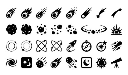 Editable comet and meteor flat icon collection with fiery space trails and astronomy vector graphics © MstLaily