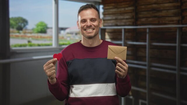 Man holding a red heart and brown envelope with both hands, smiling with eyes closed near window shelving in studio; love joy.