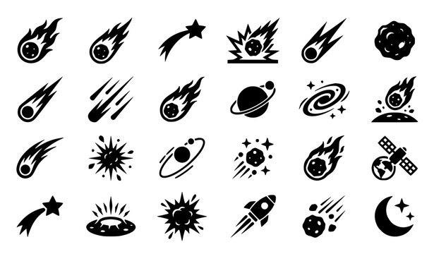 Comet silhouette vector icon set with falling meteors burning fire trails and astronomy symbols