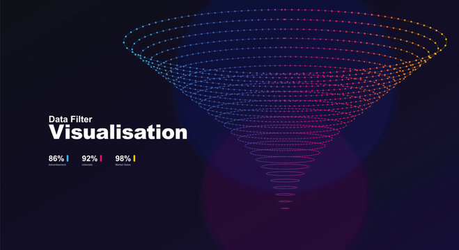 Data filter visualization conceptual background with funnel shaped particle flow and statistics for business analytics information processing and artificial intelligence systems.