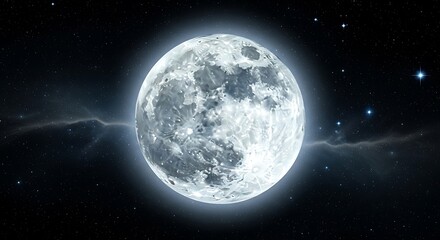 Fototapeta premium Full moon glowing brightly against cosmic nebula backdrop with starry galaxy and cosmic dust clouds