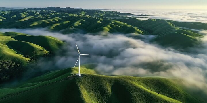 Single white wind turbine generator standing on top of rolling green grassy hill above low lying morning sea of clouds for clean renewable energy