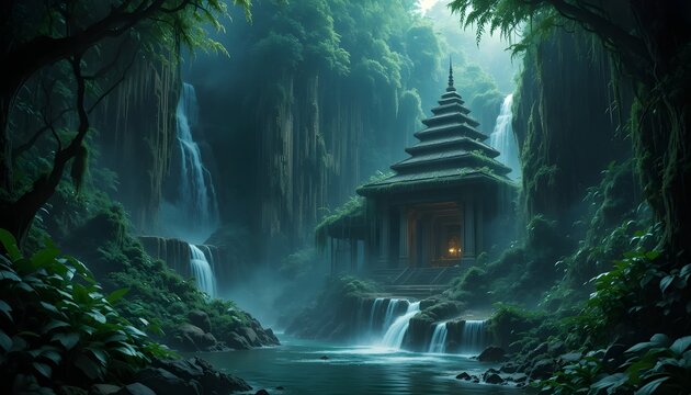 Ancient temple hidden inside lush jungle waterfall, mystical atmosphere, cinematic adventure landscape, ultra detailed fantasy environment artwork.
