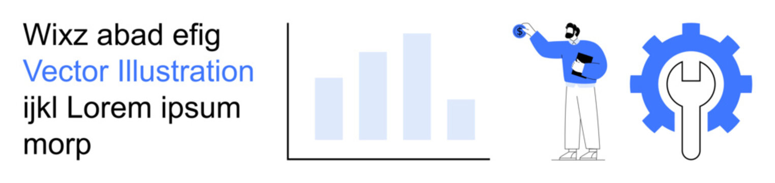 Data analysis, technology support, workplace management, IT services, productivity, digital tools. A bar chart with a gear and a professional holding a device. Data analysis and technology support
