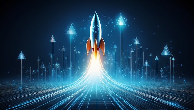 digital rocket launch signifies rapid business growth with upward trending arrows abstract tech background with connected dots lines creates futuristic concept for success boosting development