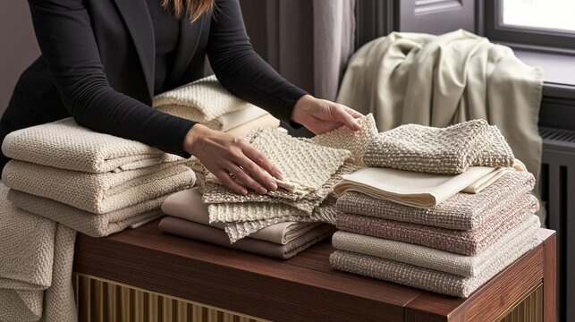 Female designer hands touching stacked folded neutral tone fabric samples on dark wood table showing material selection for interior home decor design project
