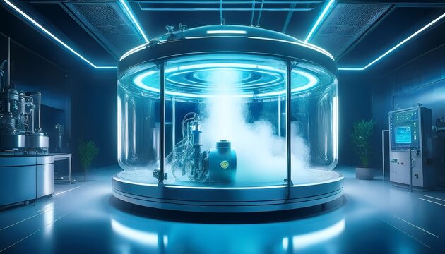 futuristic cryogenic machine emits cold vapor advanced tech lab with sleek design and bright lights research facility for extreme cold storage experiments