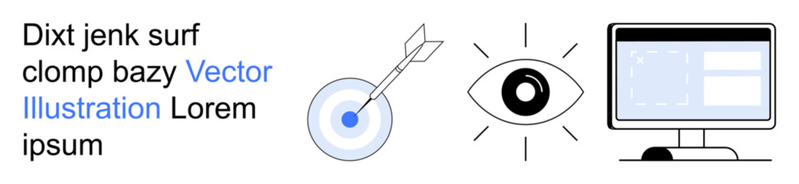 Marketing strategies, visual tracking, user data, goal achievement, digital tools, user interface. A computer screen, an eye and a target with an arrow are . Marketing strategies and visual tracking