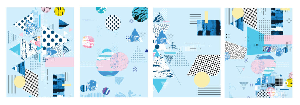 Different textures and shapes artistic vector illustration collage set. Geometric abstract design, creative background for banner, brochure, card, invitation, flyer, placard, poster, report, artwork